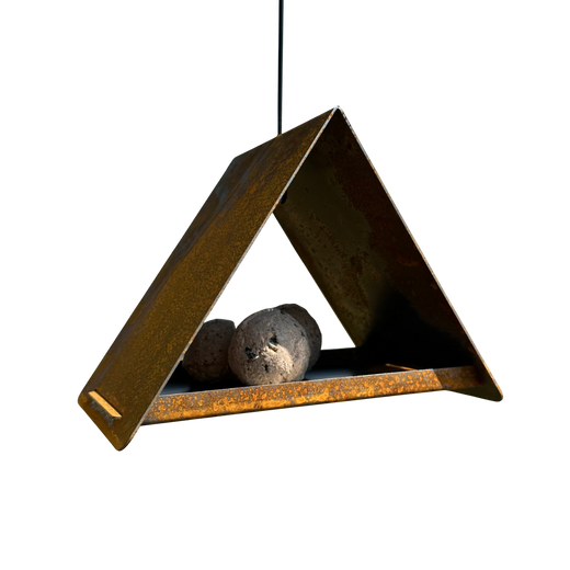Vogelvoederhuis JUPITER – hangend cortenstalen vogelhuis met staaldraad