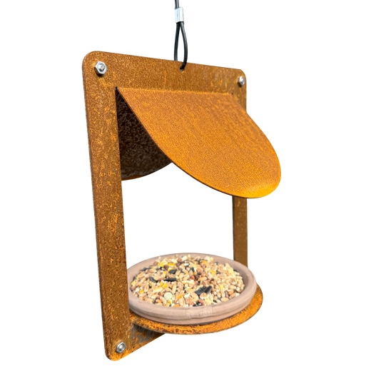 Design vogelvoederhuis WINGS van cortenstaal met terracotta schaaltje
