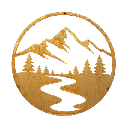 Cortenstalen wanddecoratie ALPEN met berglandschap, ronde metalen muurdecoratie van 450 mm voor tuinmuur of gevel.
