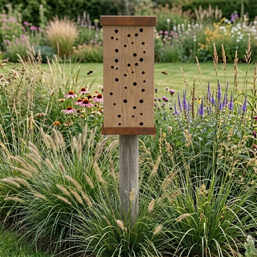 Bijenhotel BEEPOST van Stalen Design, cortenstalen bijenhotel met eiken blok en bijengaten voor wilde bijen.