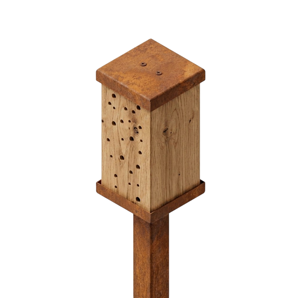 Bijenhotel BEEPOST van Stalen Design, cortenstalen bijenhotel met eiken blok en bijengaten voor wilde bijen.