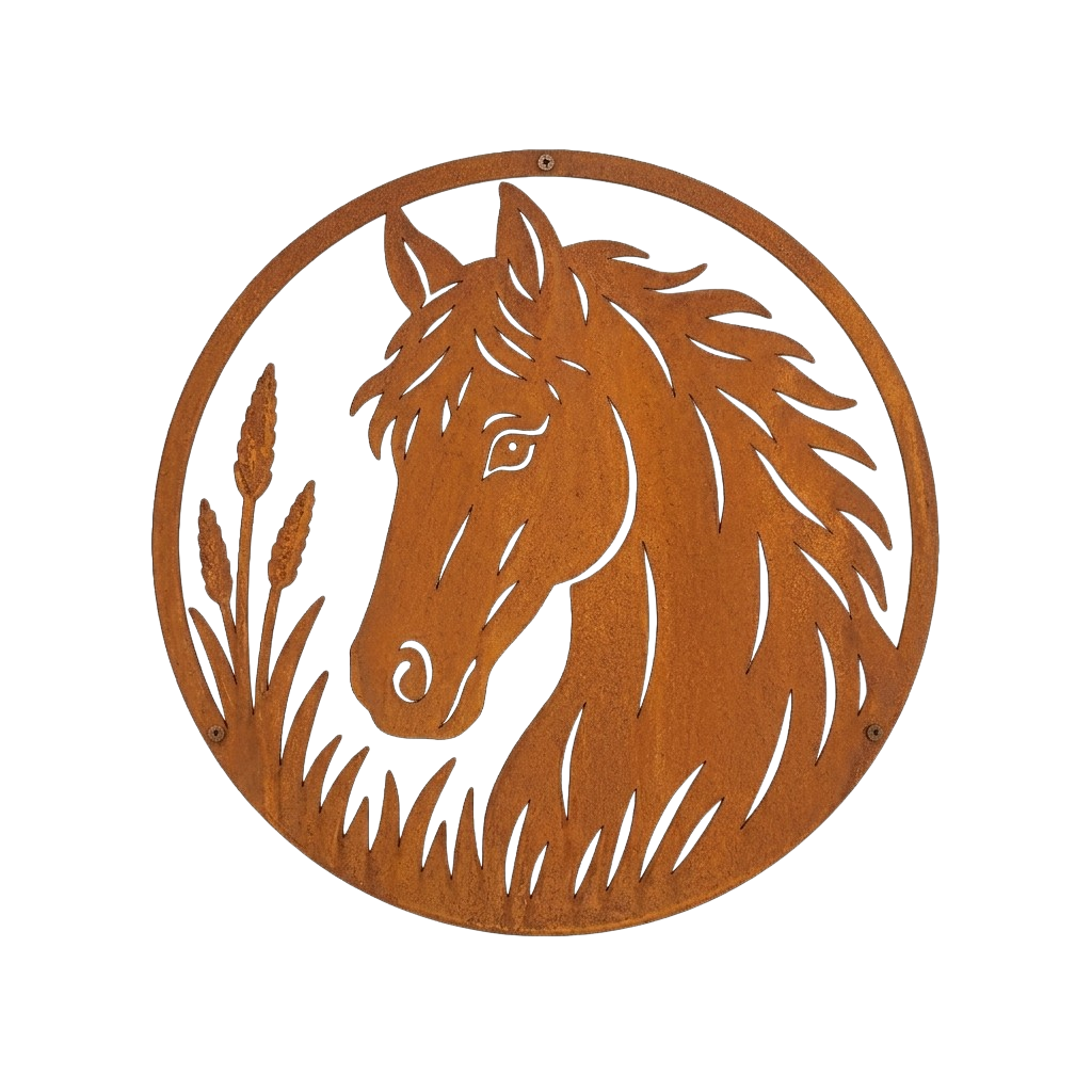 Wanddecoratie HORSE van cortenstaal met paard, ronde wanddecoratie Ø 450 mm voor gevel, tuinmuur of schutting