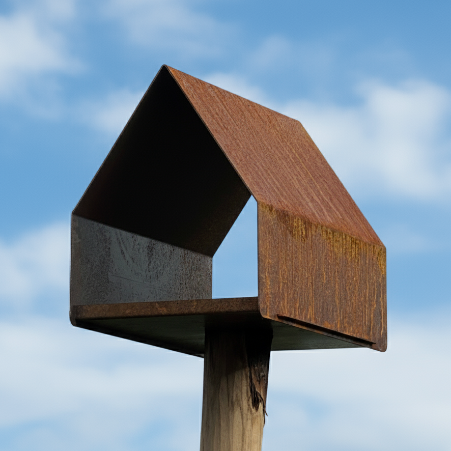 Vogelvoederhuis LUMOS van cortenstaal met zadeldak, paalmodel van Stalen Design