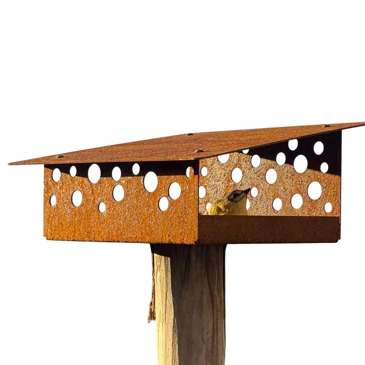 Vogelvoederhuis SOLEIL van cortenstaal met lessenaarsdak voor montage op paal