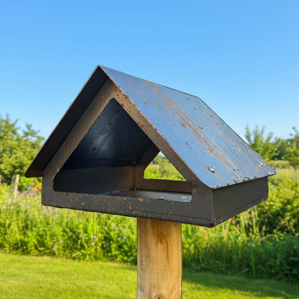 Vogelvoederhuis WINK van cortenstaal met zadeldak, geschikt voor montage op paal
