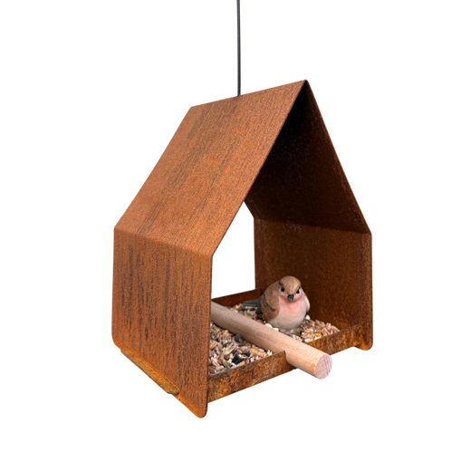 Vogelvoederhuis SINA – cortenstalen hangend vogelhuis met RVS haak