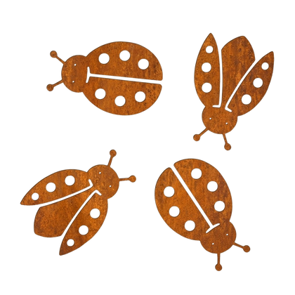 Tuinvorm LADYBIRD van Stalen Design, set van 4 cortenstalen lieveheersbeestjes voor wandmontage.