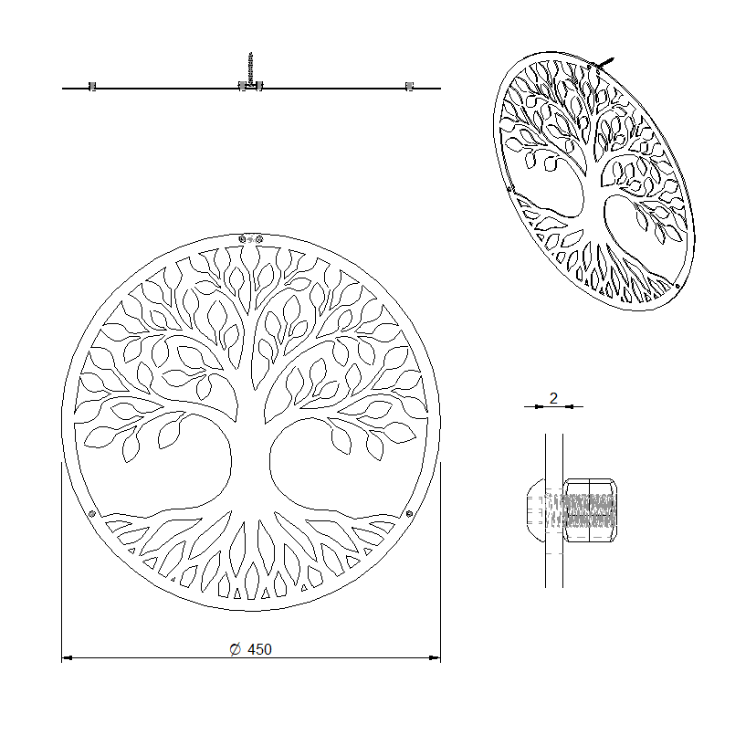 Wanddecoratie LIFE van 2 mm staal met levensboom, ronde metalen wanddecoratie voor woonkamer, hal of kantoor.
