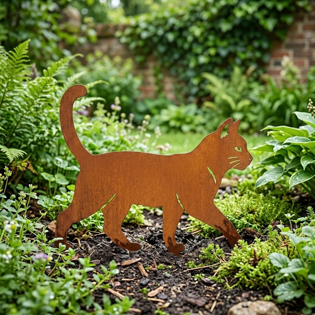 Tuinsteker LYNX van Stalen Design, lopende kat van 3 mm cortenstaal met snorharen en speelse staart.