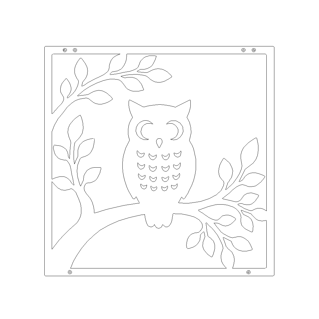 Wanddecoratie OWL van Stalen Design, 2 mm stalen muurdecoratie met uil en bladeren, 450 x 450 mm.
