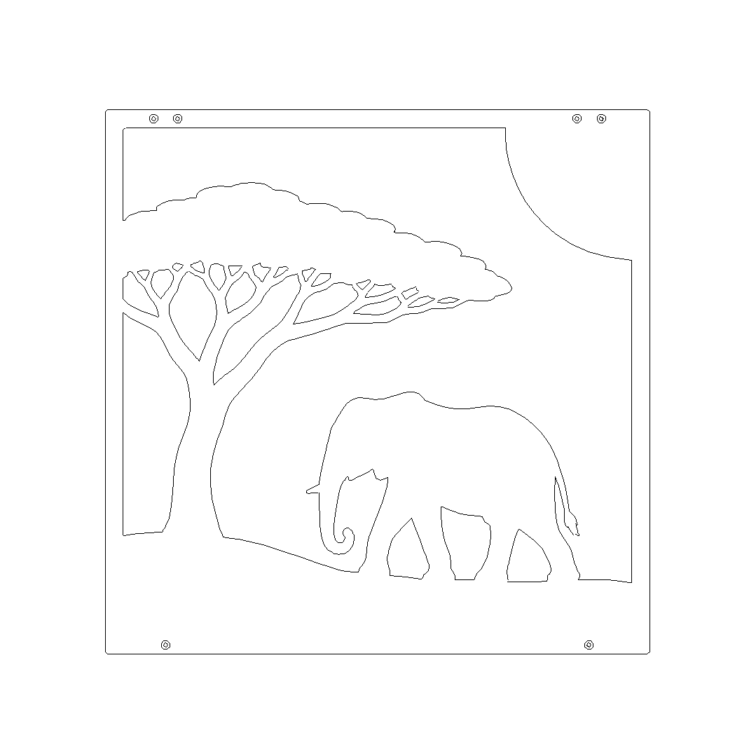 Wanddecoratie SAFARI van Stalen Design, 2 mm stalen muurdecoratie met olifant, acaciaboom en zon.
