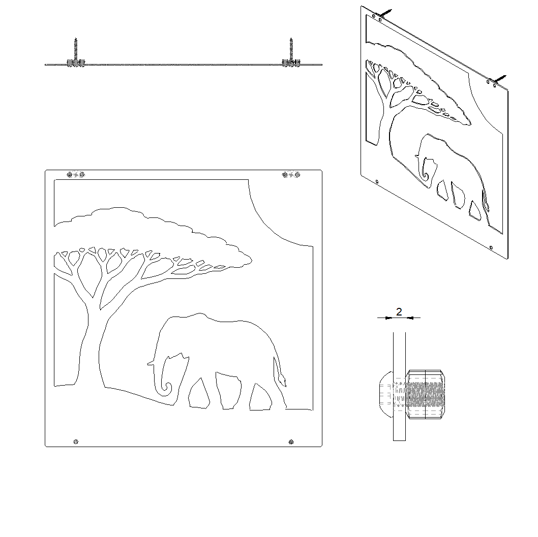 Wanddecoratie SAFARI van Stalen Design, 2 mm stalen muurdecoratie met olifant, acaciaboom en zon.