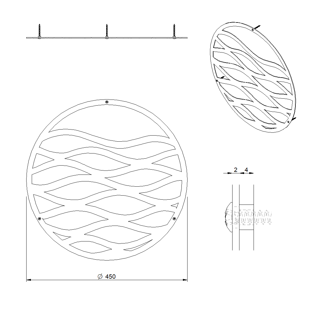 Wanddecoratie TIDE van cortenstaal met moderne golven, ronde muurdecoratie voor buiten