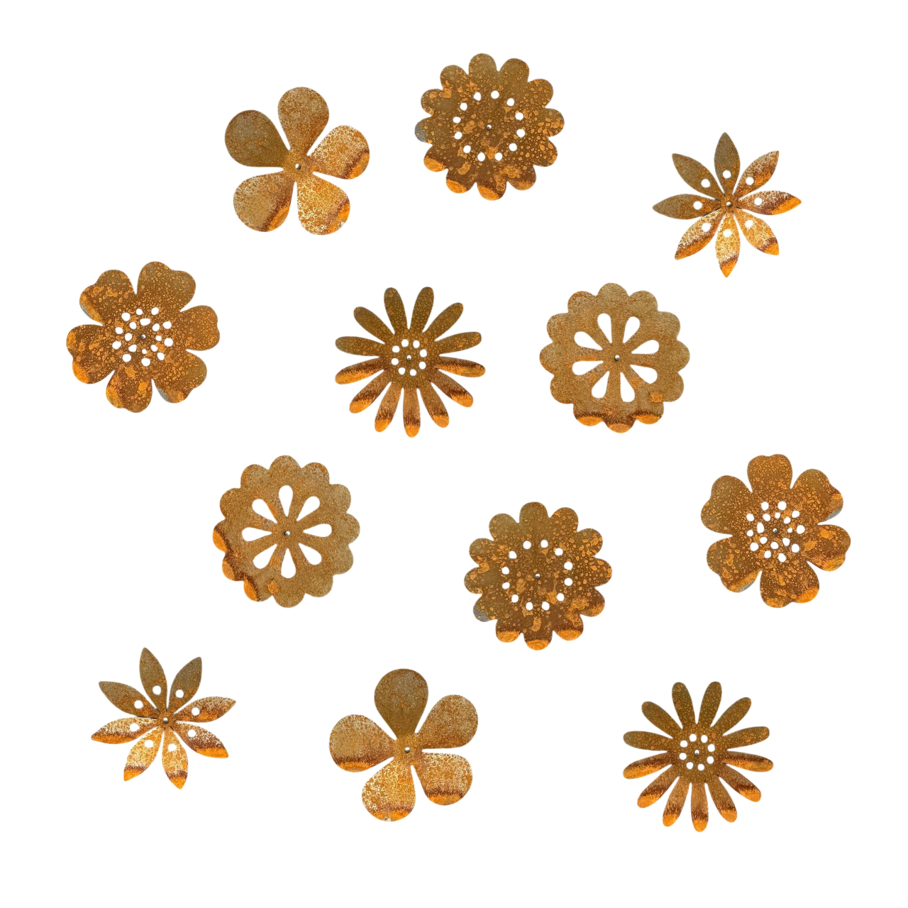Tuinvorm BLOEMENVELD van Stalen Design, set van 12 cortenstalen wandbloemen voor tuinmuur of schutting.