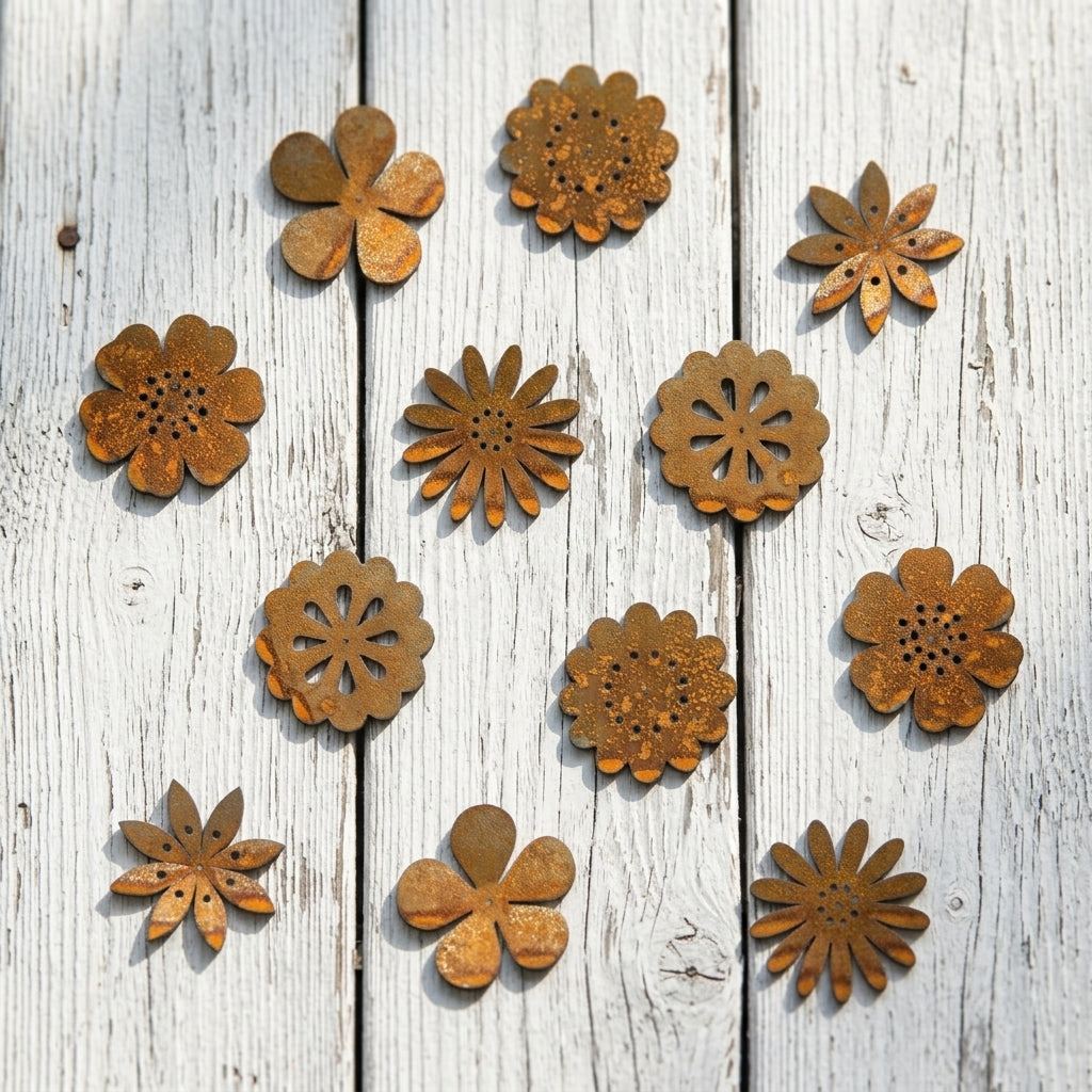 Tuinvorm BLOEMENVELD van Stalen Design, set van 12 cortenstalen wandbloemen voor tuinmuur of schutting.