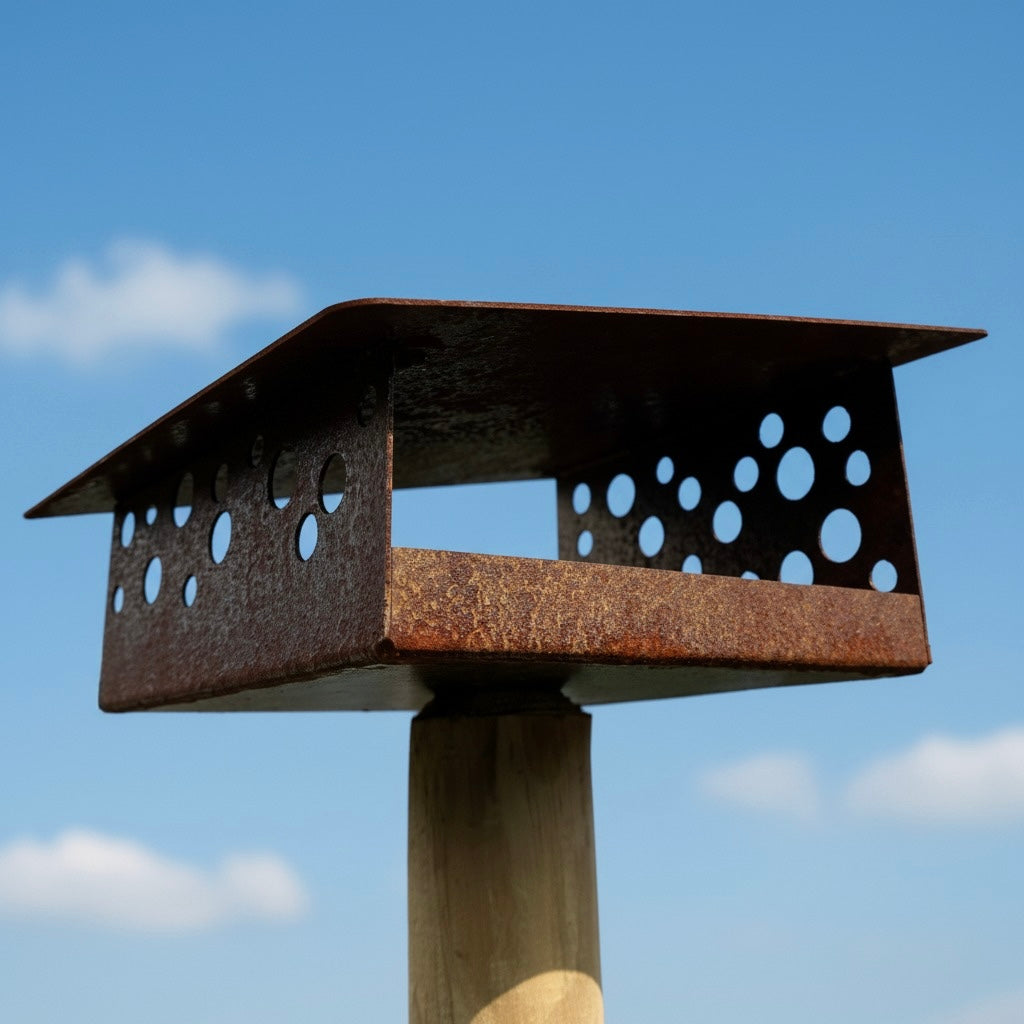 Vogelvoederhuis SOLEIL van cortenstaal met lessenaarsdak voor montage op paal