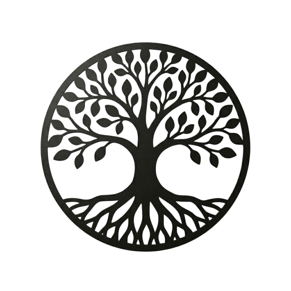 Wanddecoratie LIFE van 2 mm staal met levensboom, ronde metalen wanddecoratie voor woonkamer, hal of kantoor.
