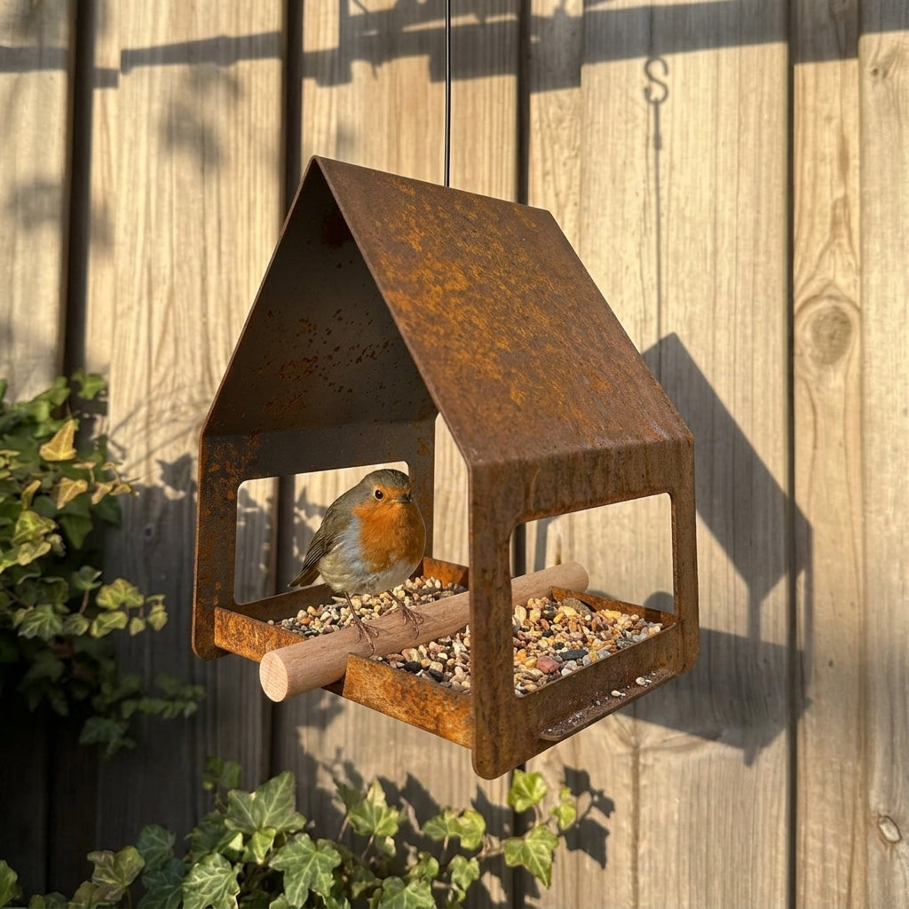 Hangend vogelvoederhuis CELA van cortenstaal met zitstok voor vogels