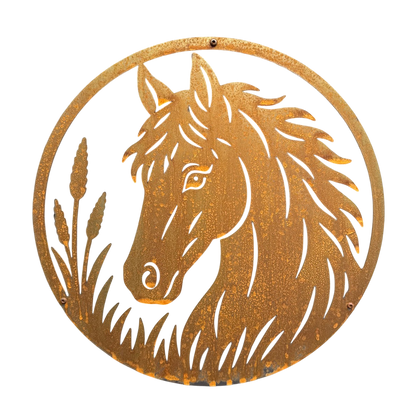 Wanddecoratie HORSE van cortenstaal met paard, ronde wanddecoratie Ø 450 mm voor gevel, tuinmuur of schutting