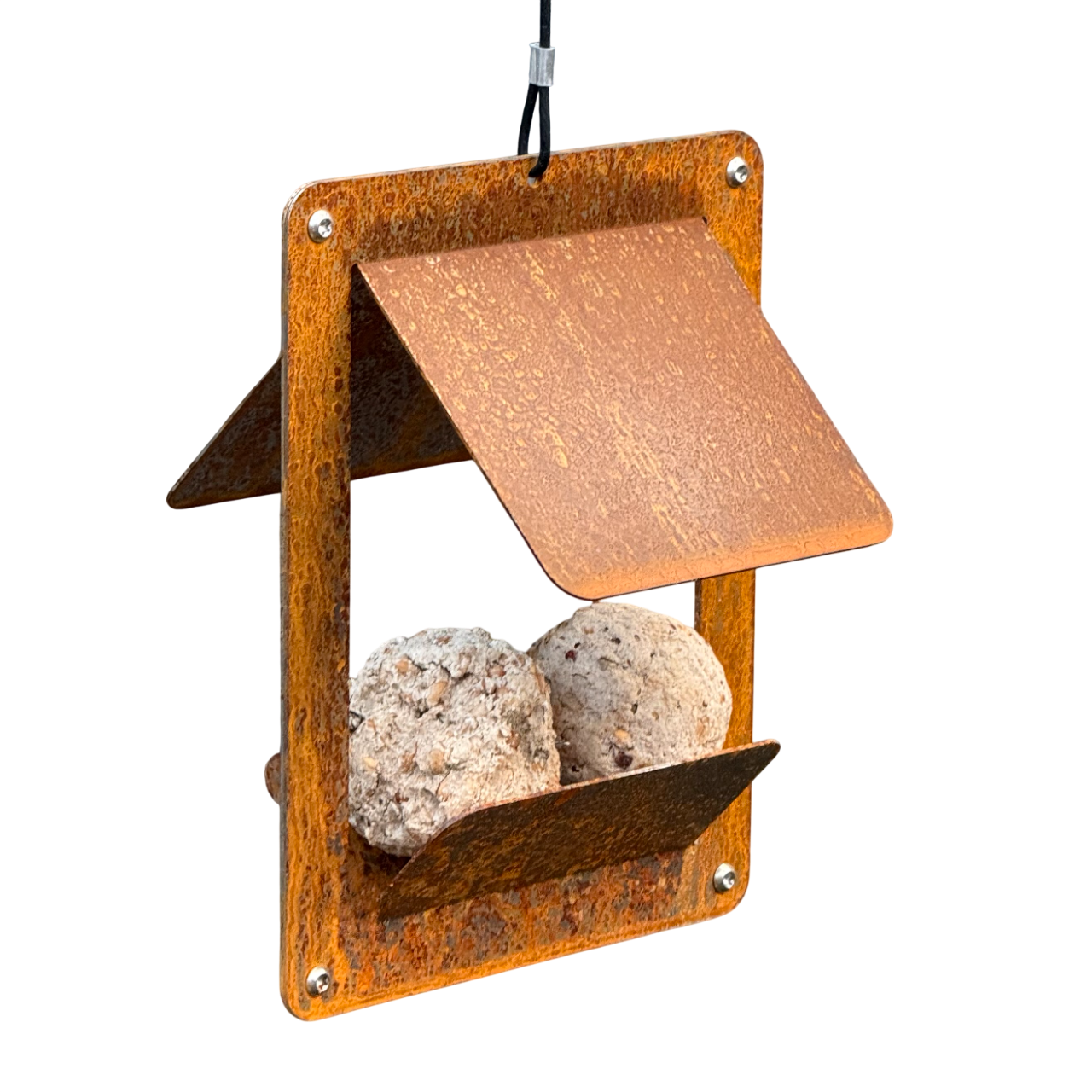 Design vogelvoederhuis SONGBIRD van cortenstaal met ruimte voor vetbol, hangmodel.