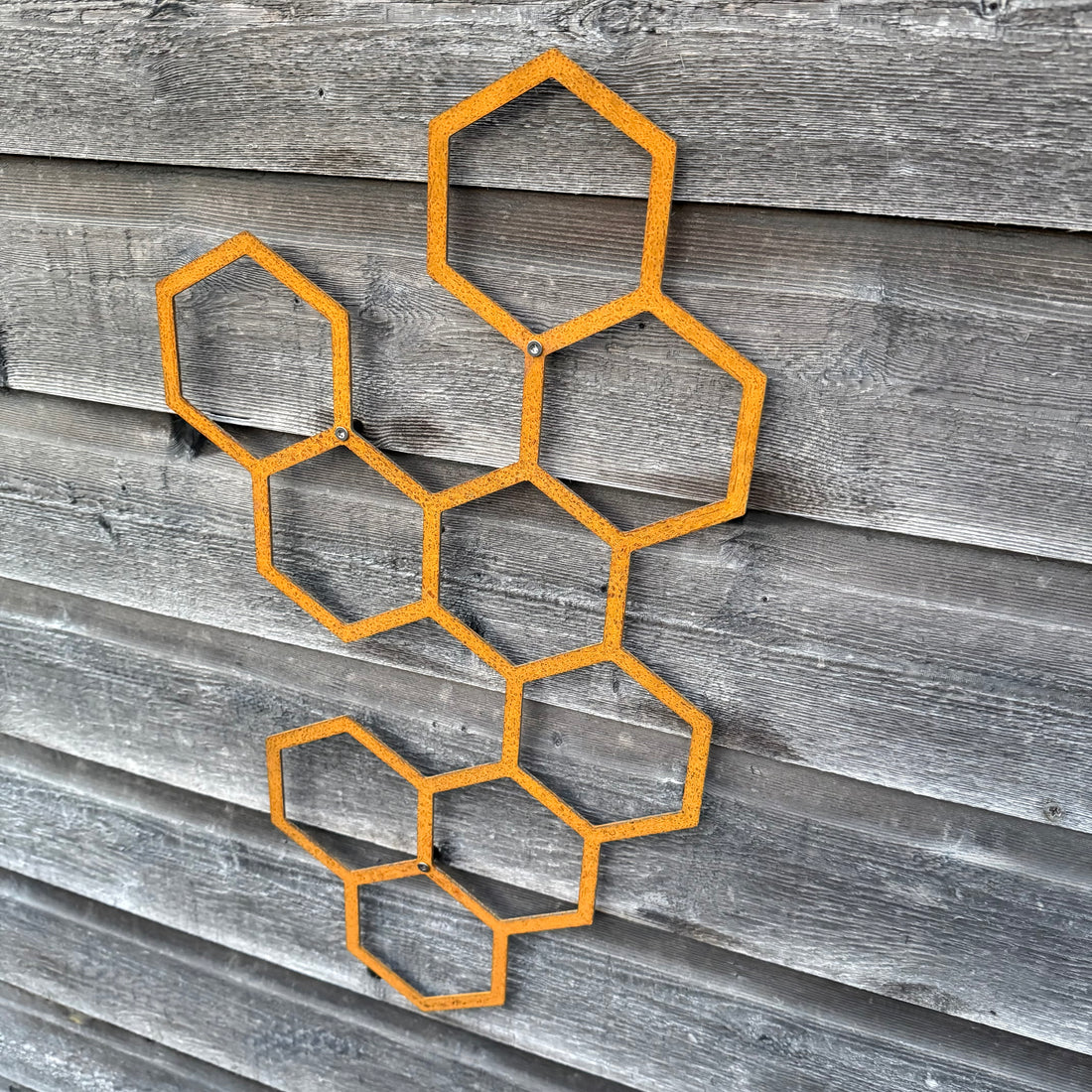 Klimplantrek HEXA van cortenstaal met hexagon motief voor klimplanten aan de buitenmuur