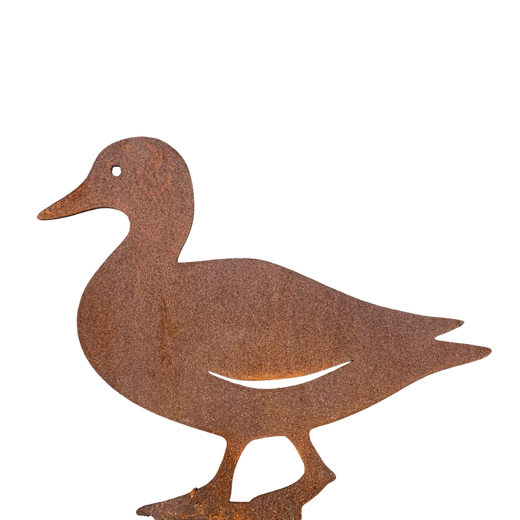 Tuinsteker QUACK van cortenstaal in de vorm van een eend