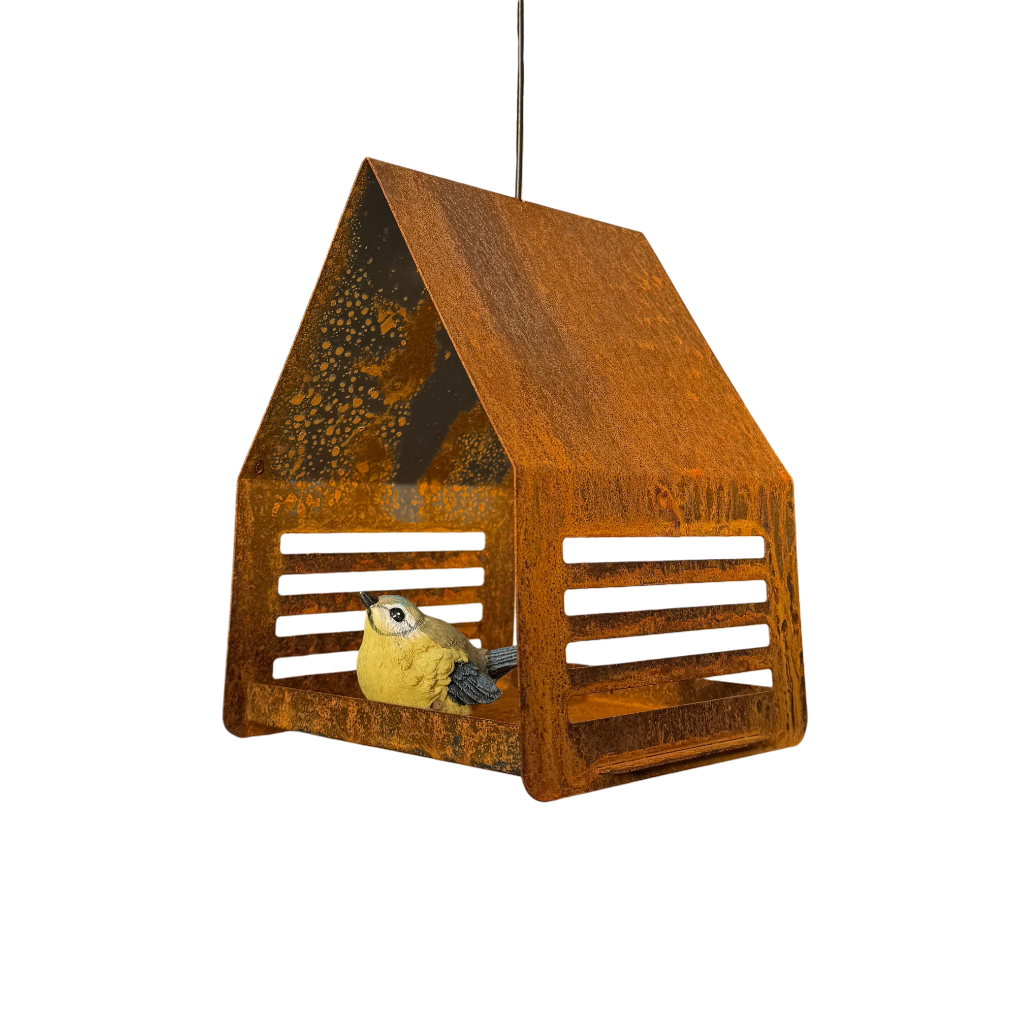Hangend vogelvoederhuis RUST van cortenstaal met roestkleur, modern design voor tuin of balkon