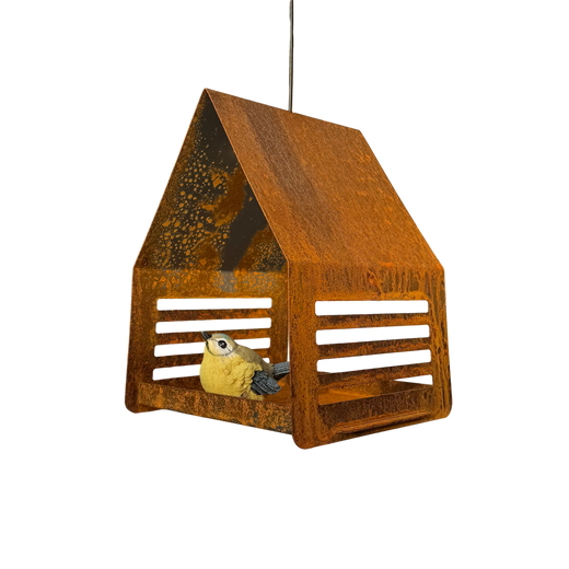 Hangend vogelvoederhuis RUST van cortenstaal met roestkleur, modern design voor tuin of balkon
