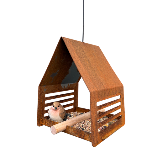 Vogelvoederhuis SYLVA – cortenstalen hangend vogelhuis met RVS haak