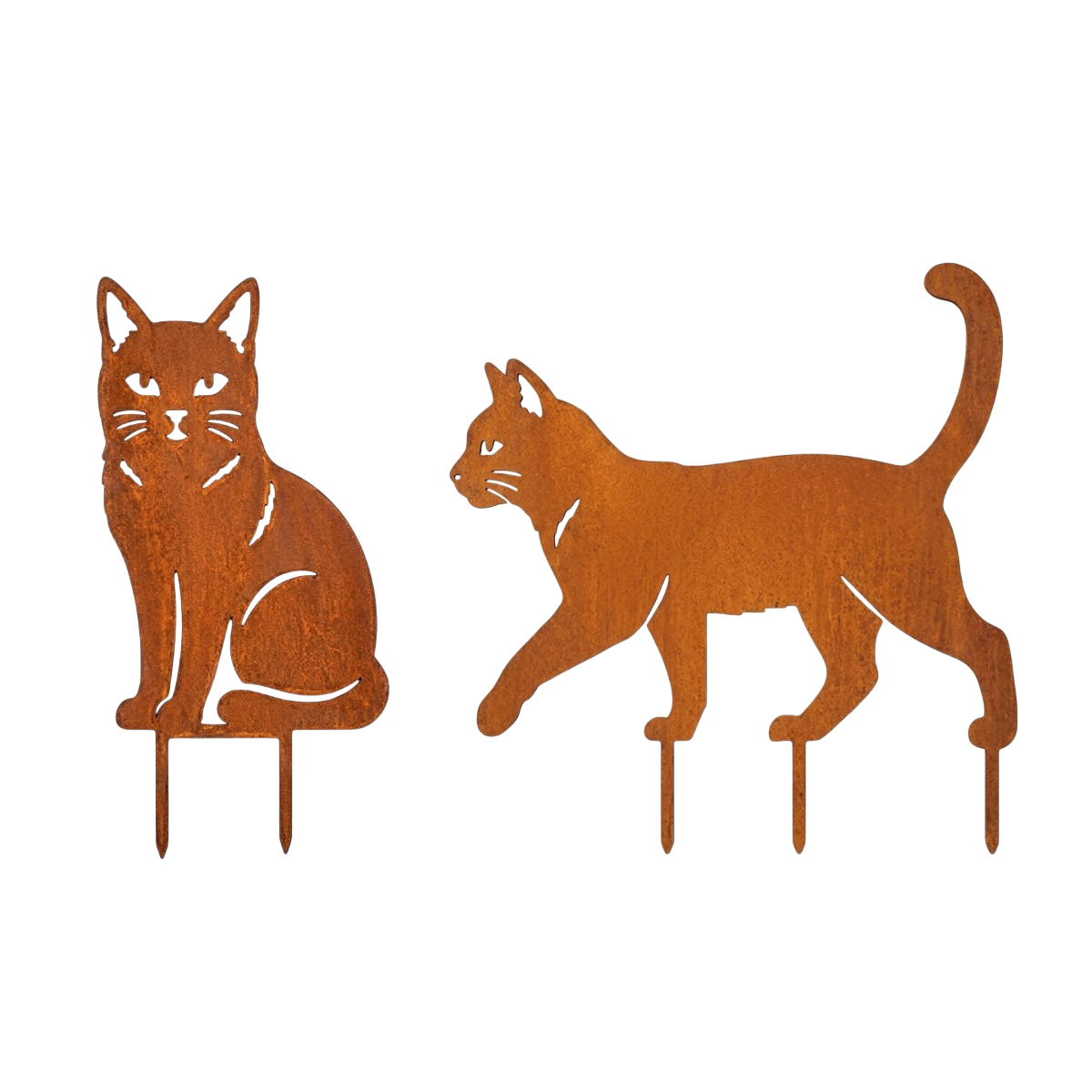 Tuinsteker DUOKAT van Stalen Design, set met zittende en lopende kat van 3 mm cortenstaal.