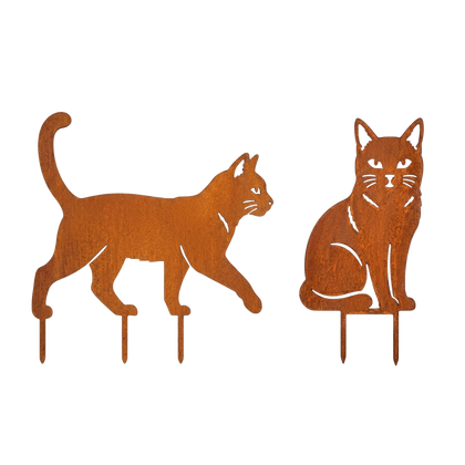 Tuinsteker DUOKAT van Stalen Design, set met zittende en lopende kat van 3 mm cortenstaal.