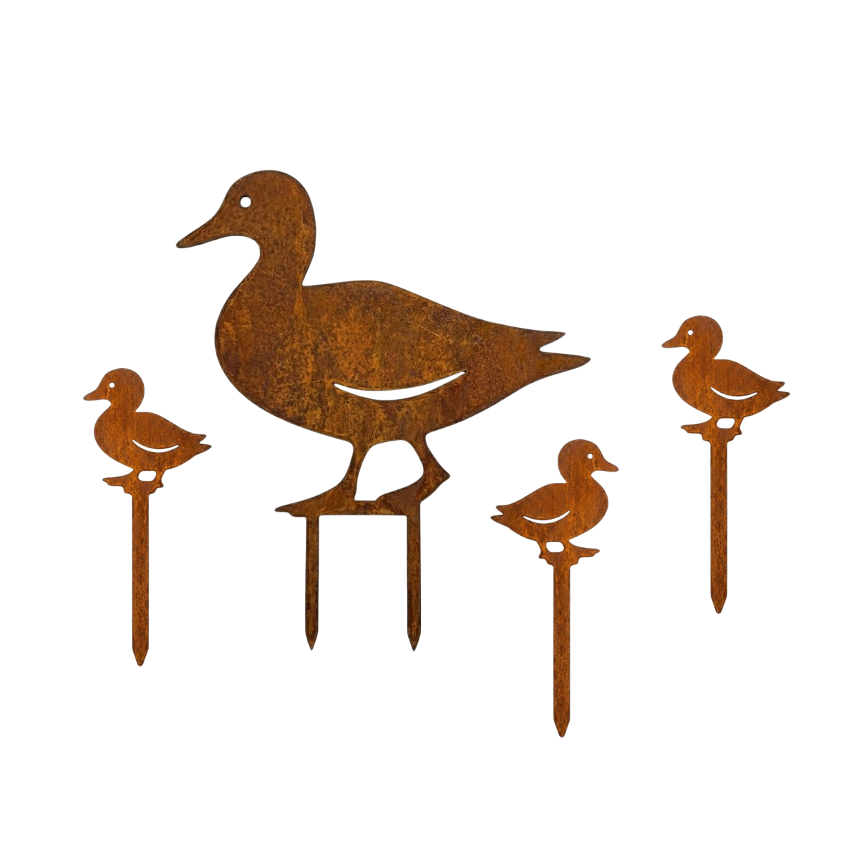 Tuinsteker QUACKFAM van Stalen Design, cortenstalen eend met baby eendje voor tuin, gras of border.