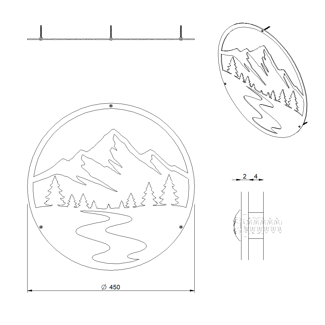 Cortenstalen wanddecoratie ALPEN met berglandschap, ronde metalen muurdecoratie van 450 mm voor tuinmuur of gevel.