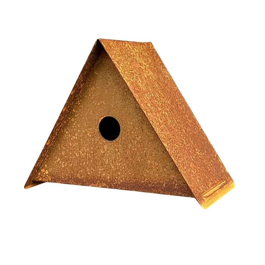 Vogelhuis NEBULA – cortenstalen wandvogelhuis, schaduwlocatie aanbevolen