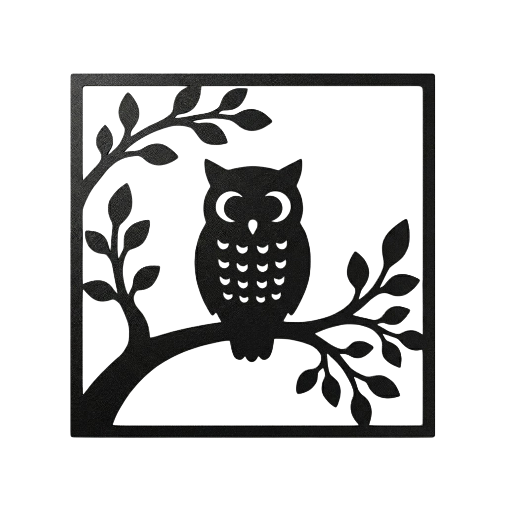 Wanddecoratie OWL van Stalen Design, 2 mm stalen muurdecoratie met uil en bladeren, 450 x 450 mm.