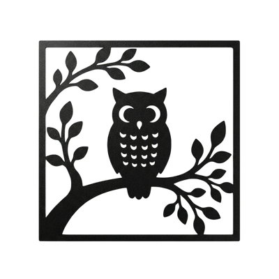 Wanddecoratie OWL van Stalen Design, 2 mm stalen muurdecoratie met uil en bladeren, 450 x 450 mm.