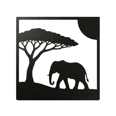 Wanddecoratie SAFARI van Stalen Design, 2 mm stalen muurdecoratie met olifant, acaciaboom en zon.