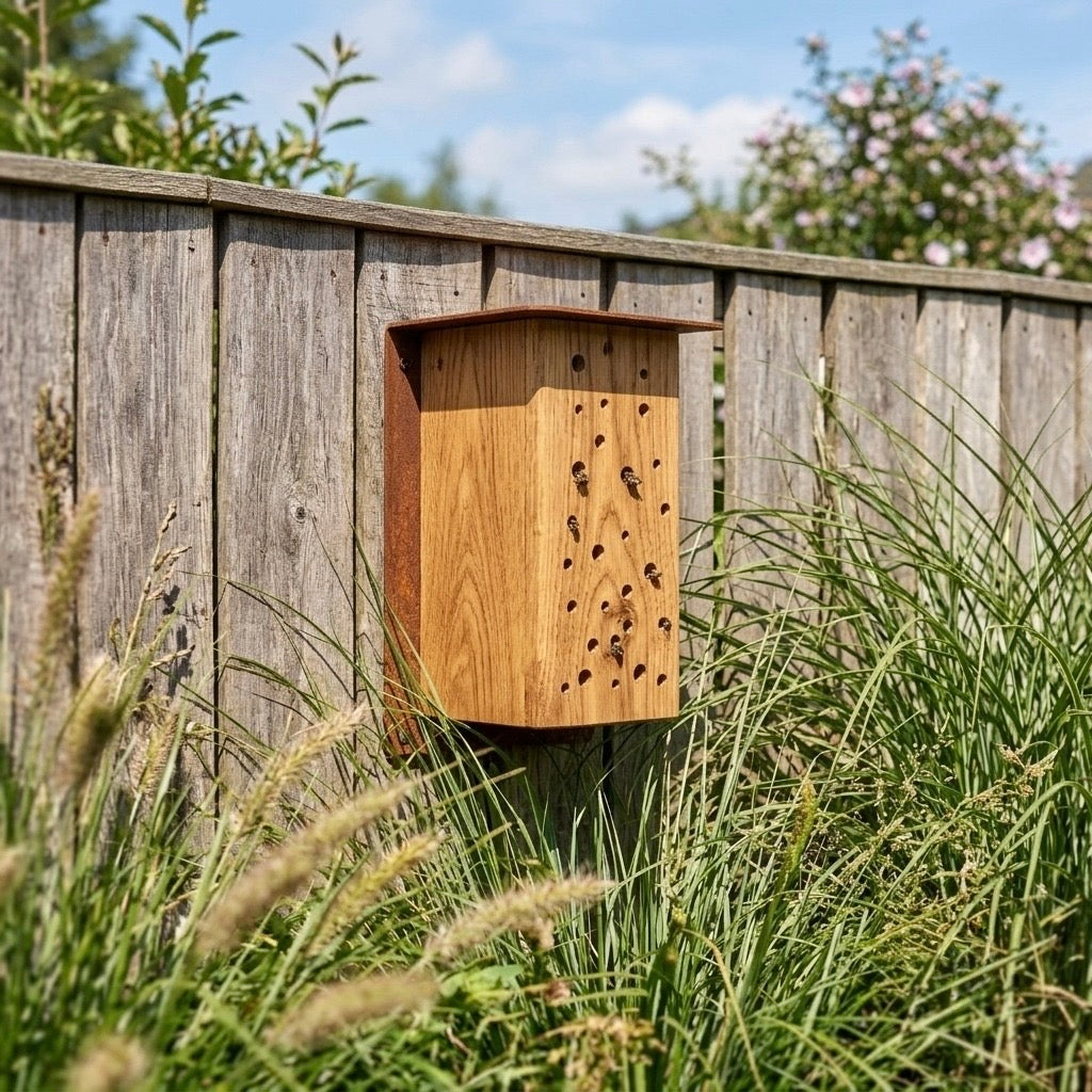 Sfeerfoto van Bijenhotel BEEBOX van cortenstaal en eikenhout aan een buitenmuur