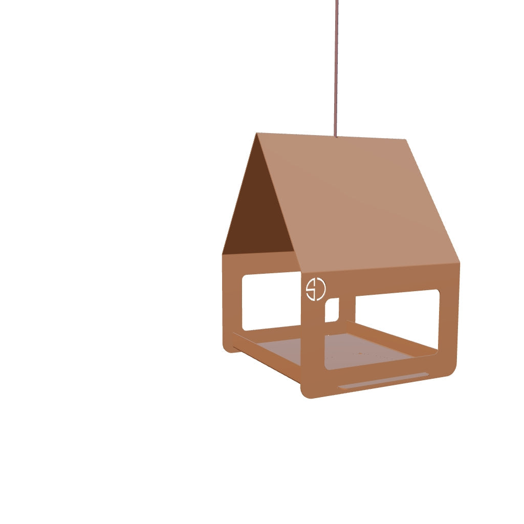 Vogelvoederhuis EON – cortenstalen hangend vogelhuis met RVS haak