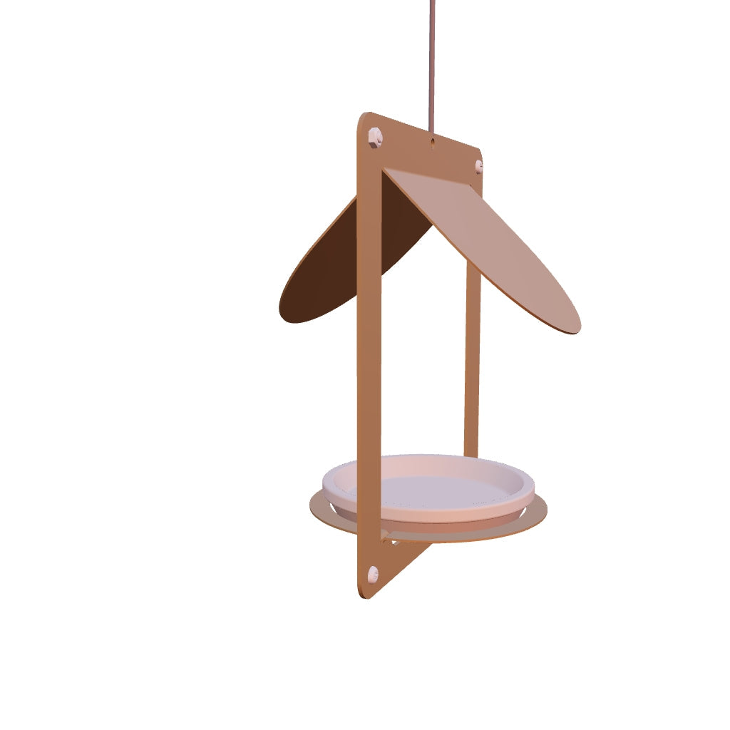 Design vogelvoederhuis WINGS van cortenstaal met terracotta schaaltje