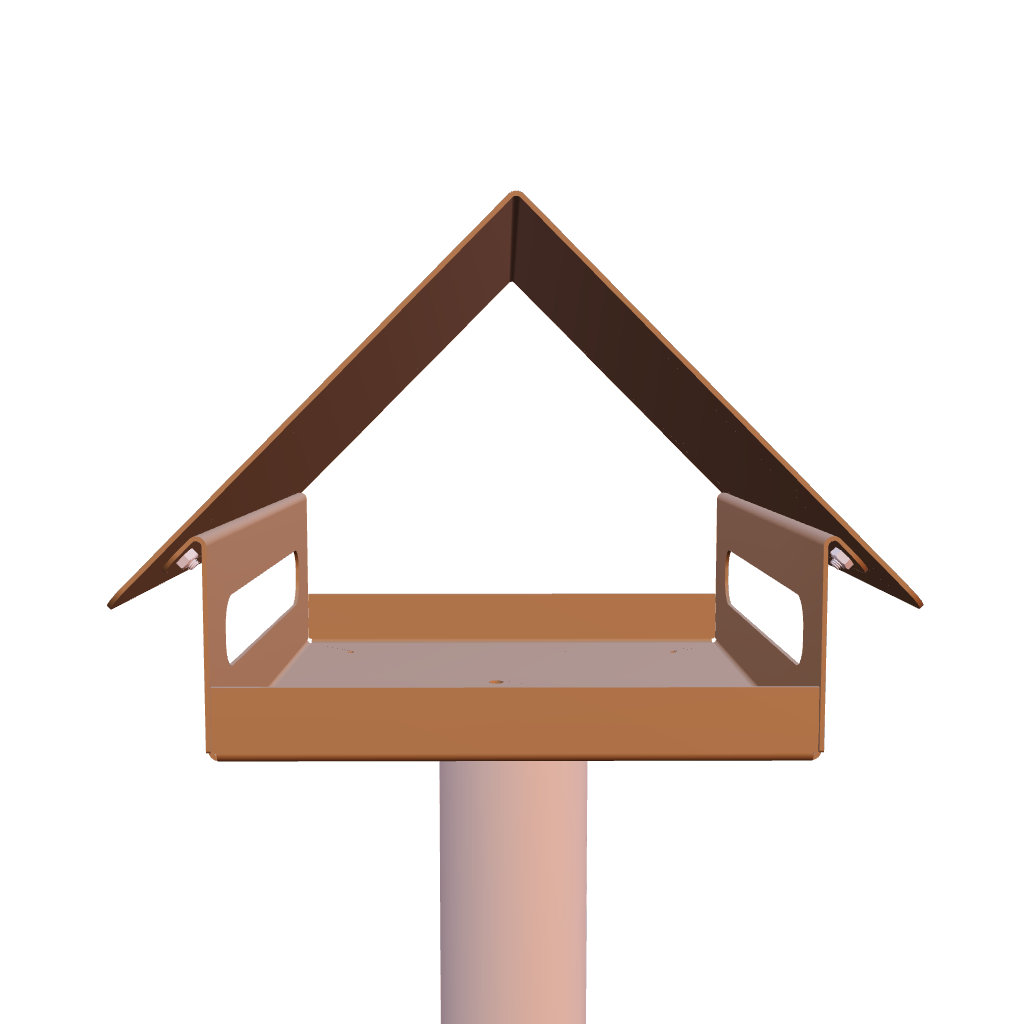 Design vogelvoederhuis ZWAAIJ van cortenstaal met zadeldak, geschikt voor montage op een losse paal (niet inbegrepen)