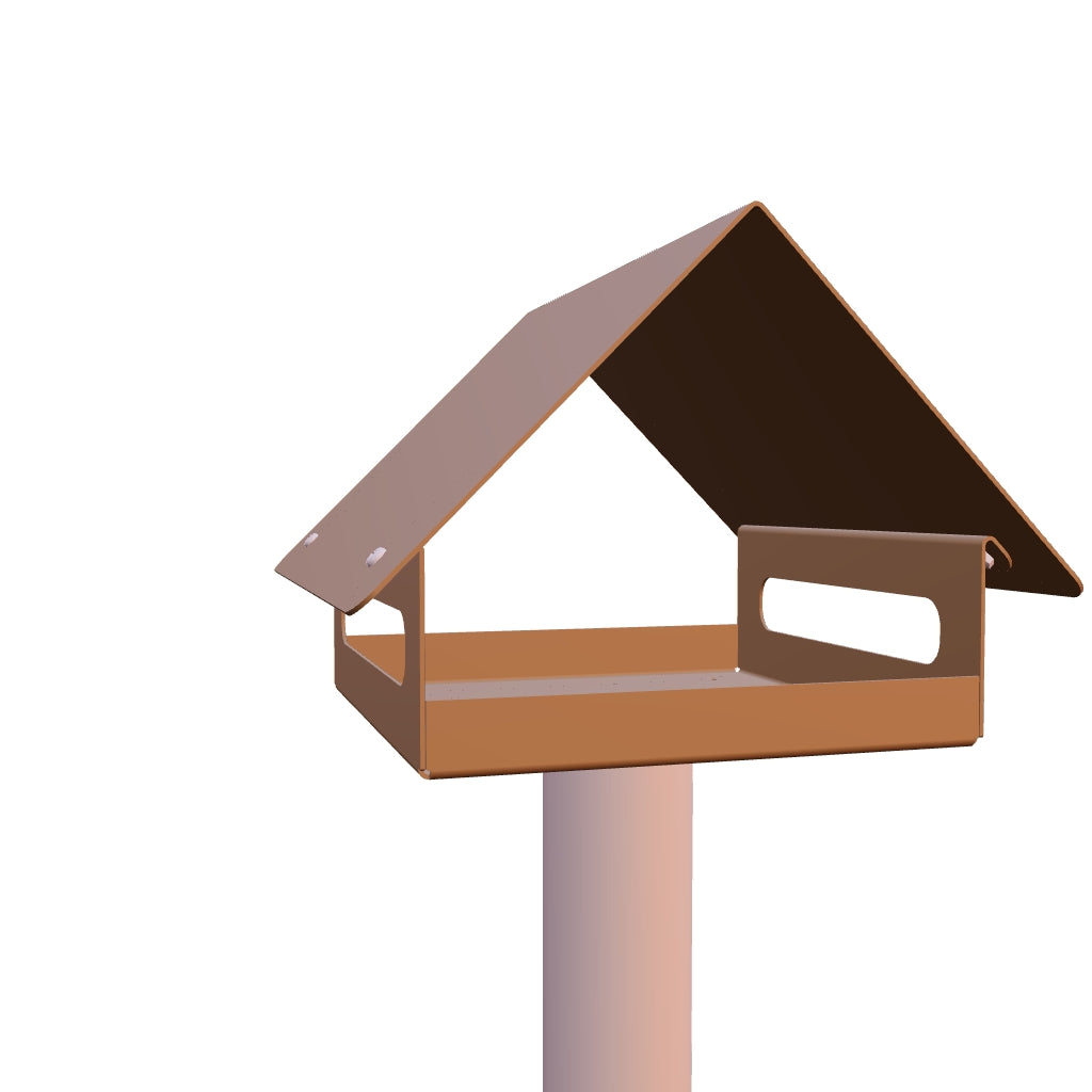 Design vogelvoederhuis ZWAAIJ van cortenstaal met zadeldak, geschikt voor montage op een losse paal (niet inbegrepen)